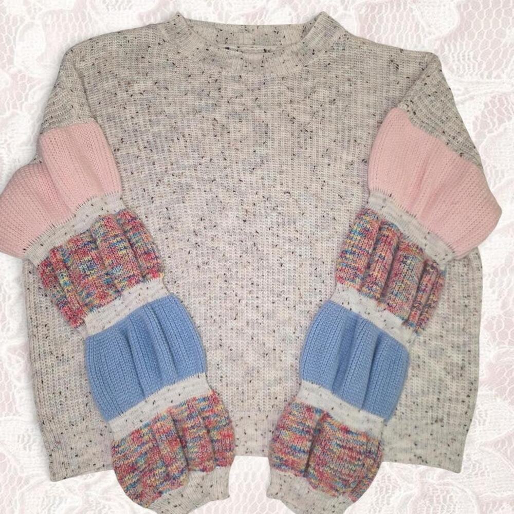Color Block Knit Sweater 2X/3X Balloon Sleeve Cream Multi Cottagecore Cozy